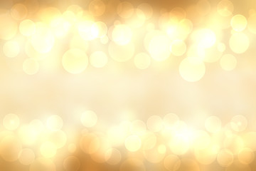 A festive abstract golden yellow gradient background texture with glitter defocused sparkle bokeh circles. Card concept for Happy New Year, party invitation, valentine or other holidays.