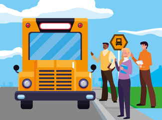 interracial teachers group in bus stop