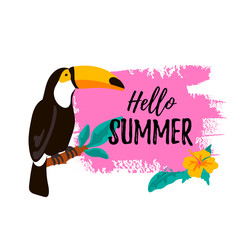 Hello Summer banner with toucan and tropical leaves and flovers. Vector illustration with hand drawn elements