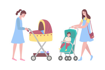 Happy mothers vector, woman with perambulators, kids sitting in pram flat style. Parent of boy sitting in carriage, lady walking with sleeping baby