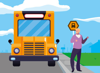 teacher male with documents in stop bus