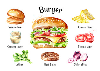 Burger with cheese and vegetables ingredients set. Watercolor hand drawn illustration, isolated on white background