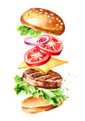 Hamburger cheeseburger  flying ingredients. Watercolor hand drawn illustration, isolated on white background