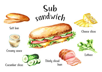 Sub-Sandwich mit Schinken-, Käse- und Gemüsezutatensatz. Gezeichnete Illustration des Aquarells Hand, lokalisiert auf weißem Hintergrund