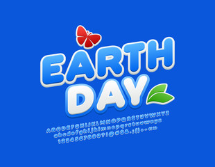 Vector blue poster Earth Day. Set of Alphabet Letters, Numbers and Symbols. Trendy creative Font