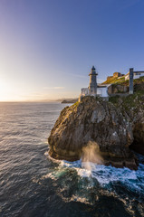 Santa Catalina lighthouse in Lekeitio, Basque country - drone aerial view