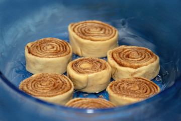 Billet cinnamon rolls are in a blue transparent baking dish.