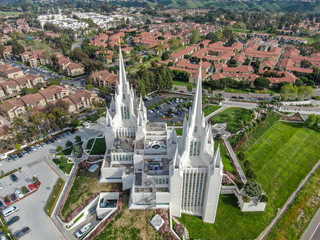 Aerial view of The San Diego California Temple, the 47th constructed and 45th operating temple of...