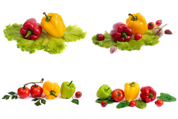 Yellow and red sweet pepper with tomatoes. Red sweet long pepper with yellow sweet pepper and tomatoes on a white background. Composition of yellow and red peppers with tomatoes on a white background.