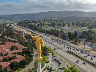 Aerial view top view of The San Diego California Temple, the 47th constructed and 45th operating...