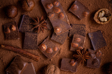 Chocolate, star anise, walnut, macadamia and cocoa powder, dark background, top view.