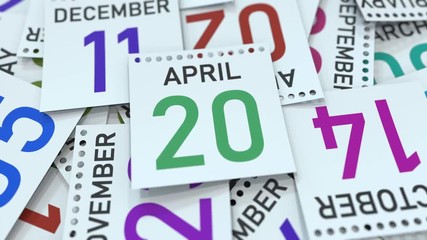 Calendar leaf with April 20 date, 3D animation