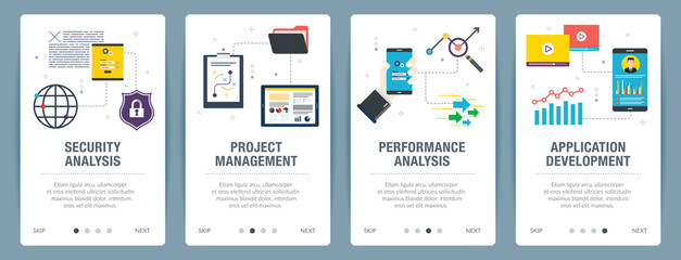 Web banners concept in vector with security analysis, project management, performance analysis and application development. Internet website banner concept with icon set. Flat design vector illustrati