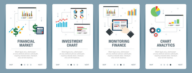 Web banners concept in vector with financial market, investment chart, monitoring finance and chart analytics. Internet website banner concept with icon set. Flat design vector illustration.