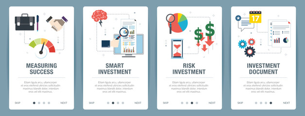Web banners concept in vector with measuring success, smart investment, risk investment and investment document. Internet website banner concept with icon set. Flat design vector illustration.