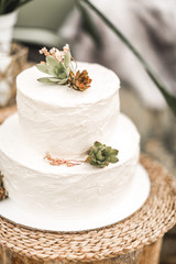Elegant white wedding cake with flowers and succulents, Vintage style. Wedding cake in rustic style