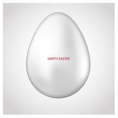 White egg with Red greeting text Happy Easter on gray background.