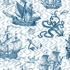 Old caravel, vintage sailboat, sea monster. Seamless pattern