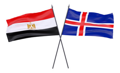 Egypt and Iceland, two crossed flags isolated on white background. 3d image