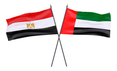 Egypt and United Arab Emirates, two crossed flags isolated on white background. 3d image