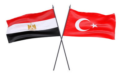 Egypt and Turkey, two crossed flags isolated on white background. 3d image