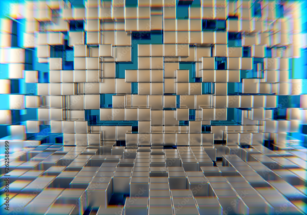 Poster silver squares extruded with blue background and distortion abstract style , 3d rendering