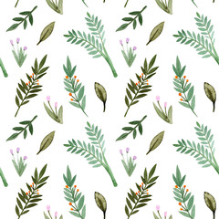 Seamless pattern. Watercolor leaves, branches, berries, flowers. Isolated on white background. Hand drawn illustration