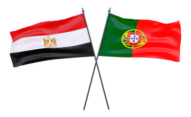 Egypt and Portugal, two crossed flags isolated on white background. 3d image