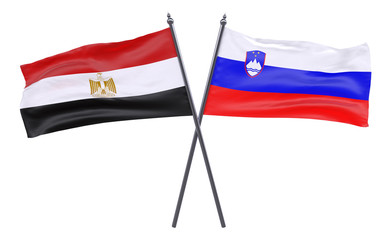 Egypt and Slovenia, two crossed flags isolated on white background. 3d image