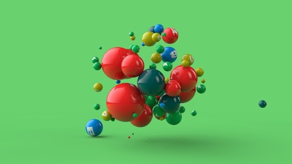 3D illustration of many balls of different colors isolated on a green background. Vitamins are scattered in space. The idea of a healthy diet, strength and health. 3D rendering