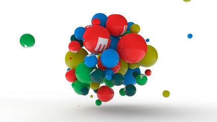 3D rendering of dozens of balls of different colors with symbols of vitamins. The idea of vitamin explosion, healthy eating and lifestyle. 3D illustration isolated on white background.