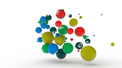 3D rendering of dozens of balls of different colors with symbols of vitamins. The idea of vitamin explosion, healthy eating and lifestyle. 3D illustration isolated on white background.