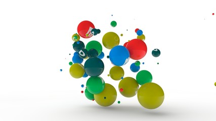 3D rendering of dozens of balls of different colors with symbols of vitamins. The idea of vitamin explosion, healthy eating and lifestyle. 3D illustration isolated on white background.