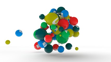 3D rendering of dozens of balls of different colors with symbols of vitamins. The idea of vitamin explosion, healthy eating and lifestyle. 3D illustration isolated on white background.