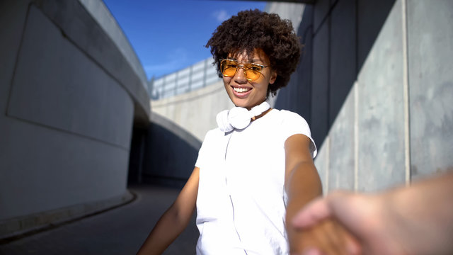 Follow Me Couple, Beautiful Afro-american Woman Looking At Camera, Travelling