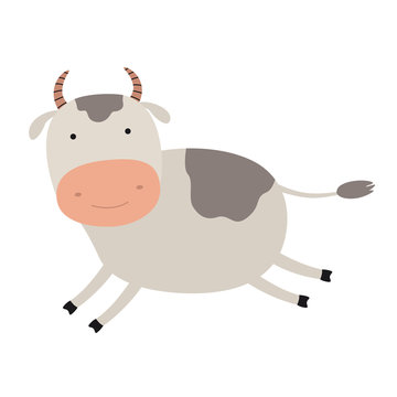 Cartoon cute cow. Emblem for printing. The running cow. Image is isolated on white background. Funny animal mascot.