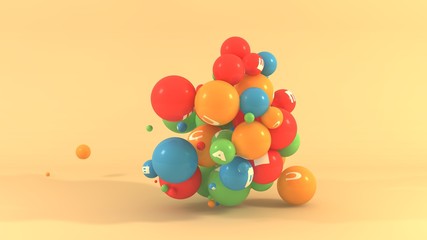 3D illustration of many balls of different colors with symbols of vitamins. Multivitamins in space isolated on orange background. 3D rendering, the idea of a healthy lifestyle