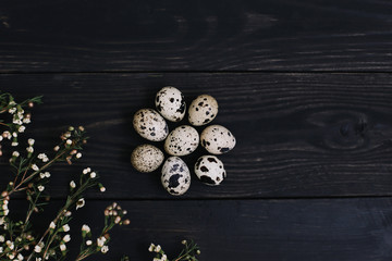 Easter still life with eggs on dark background. Flat lay, top view