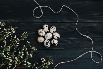  Rustic easter still life with quail eggs on dark background. Flat lay, top view