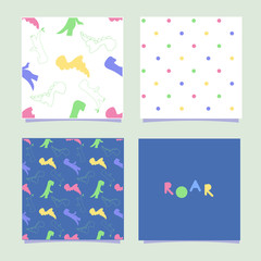 Dino pattern. Seamless tile with dinosaurs and polka. Dino print card for invation birthday party. Silhuette dinosaur and letter roar in scandinavian style. Vector illustration