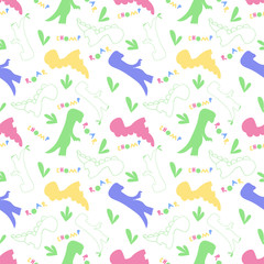 Roar and chomp. Dino pattern. Creative seamless tile with dinosaurs and letter in scandinavian style. Dino print textile. Vector illustration with dinosaurs for poster, greeting card, nursery wall