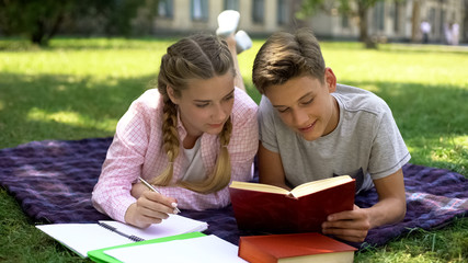 Students studying, lying on plaid in park, reading and making notes, homework