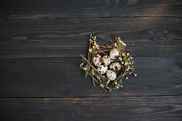 Easter eggs on wooden background. Rustic easter still life with quail eggs, dry willow branches on...