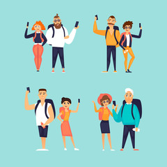 Couples travel, summer, vacation. Character set. Flat design vector illustration.	