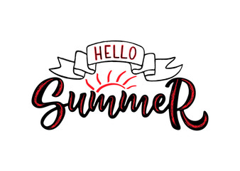 Handwritten text hello Summer with sun vector banner design. Warm season lettering typography for card, invitation.Calligraphy greeting card. Logo, badge, icon, banner, poster, sticker, print.