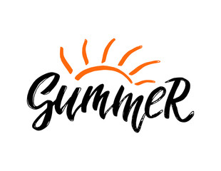 Handwritten text hello Summer with sun vector banner design. Warm season lettering typography for card, invitation.Calligraphy greeting card. Logo, badge, icon, banner, poster, sticker, print.