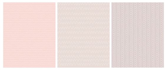 Fototapeta premium Abstract Hand Drawn Childish Style Loops Vector Pattern Set. White Waves on Various Light Pink Backgrounds. Funny Geometric Repeatable Design.