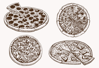 Graphical vintage set of pizza, retro background, vector fast food