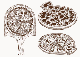 Graphical vintage set of pizza, retro background, vector fast food