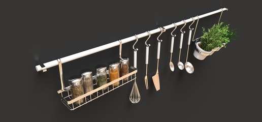 Kitchenware, dry bulk and live seasonings in pots hang on the wall. 3d rendering.